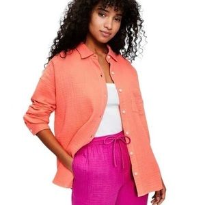 Lou & Grey Triple Cloth Pocket Shirt Coral Button Up Gauze Knit. Small